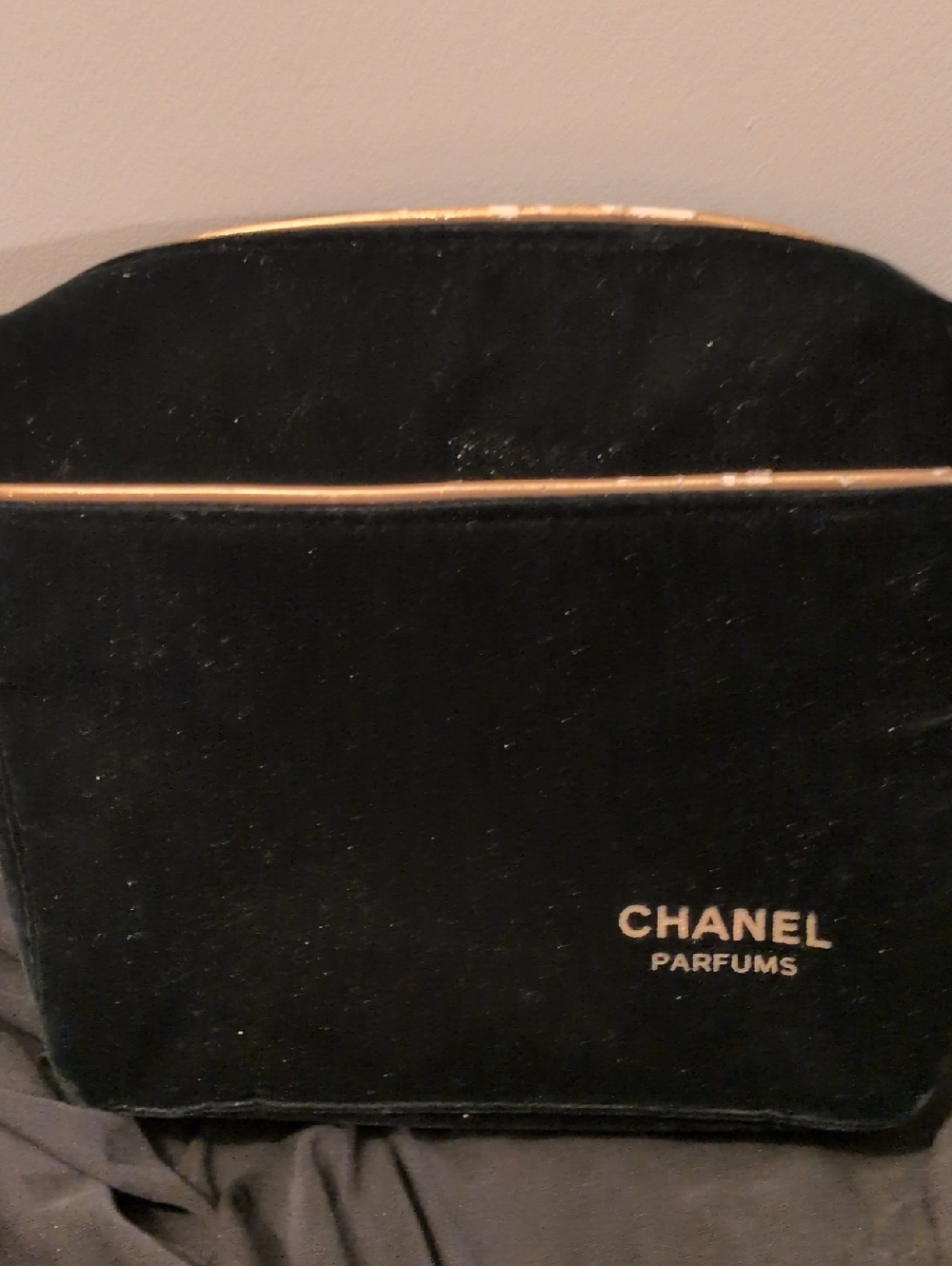 CHANEL Black Velvet Cosmetic Pouch with Gold Trim
